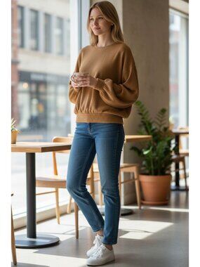 Zara Camel Brown Ribbed Elasticated Sweater With Textured Detail